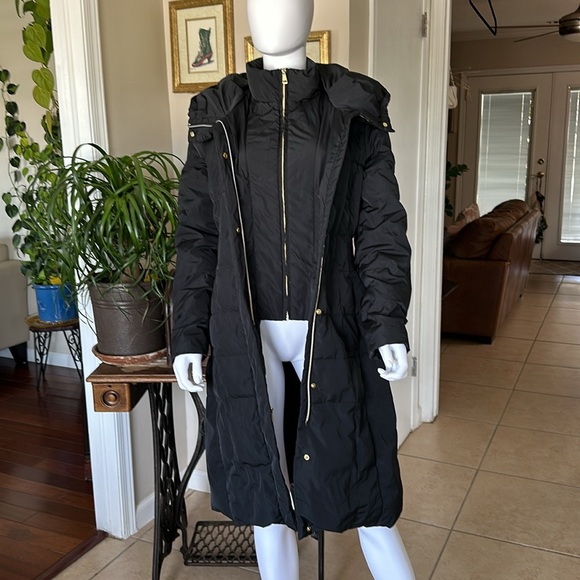 Cole Haan Down Black Long Winter Coat Like New Size M with A Hood - Picture 1 of 8